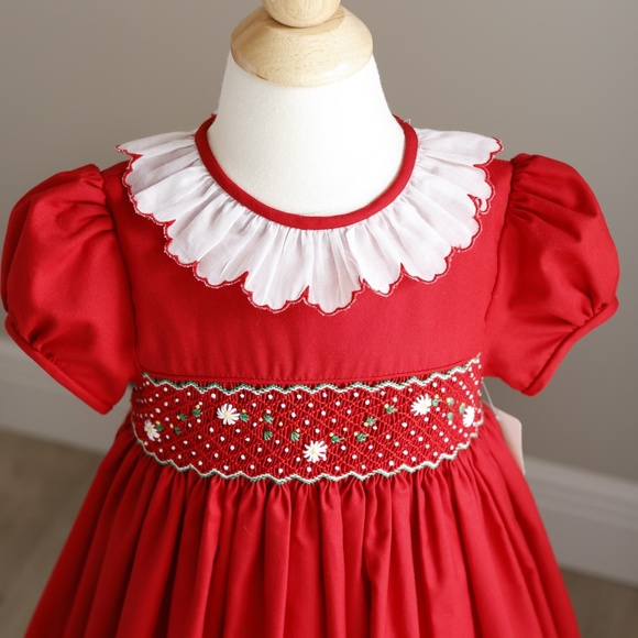 Red Smocked Dress White Collar Boutique Luli & Me Traditional Style NWT - Picture 2 of 5